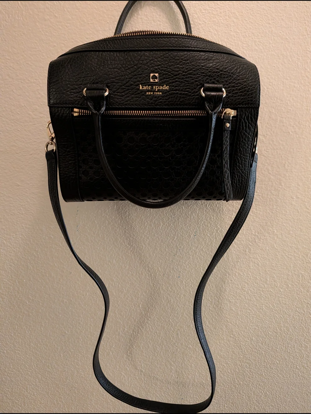 kate spade Black Textured Leather Satchel with Crossbody Strap